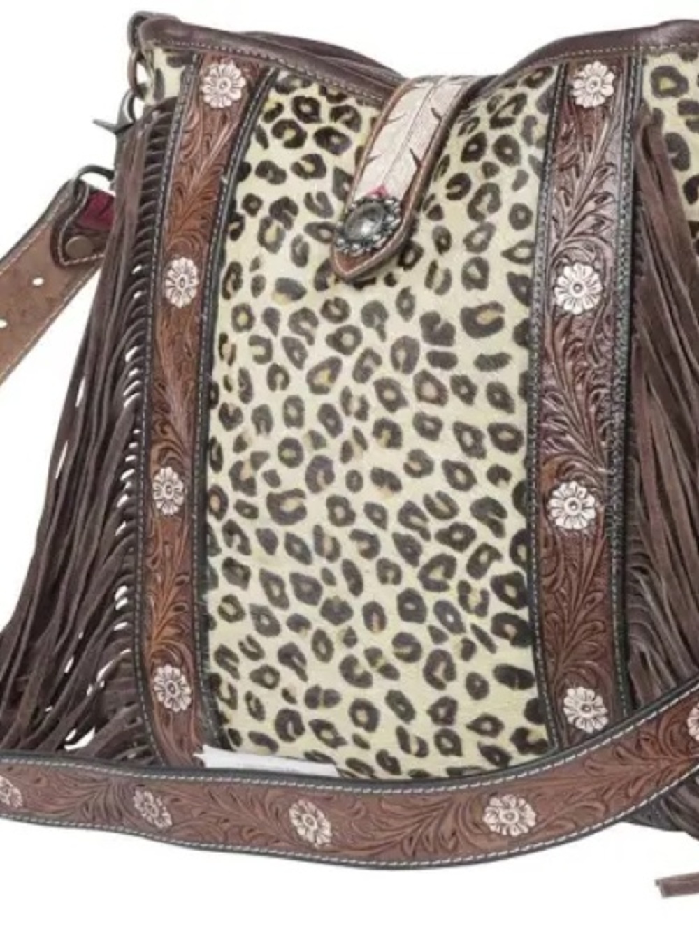 Myra Bag Leopard Print Fringe Shoulder Bag with Brown Tooled Trim